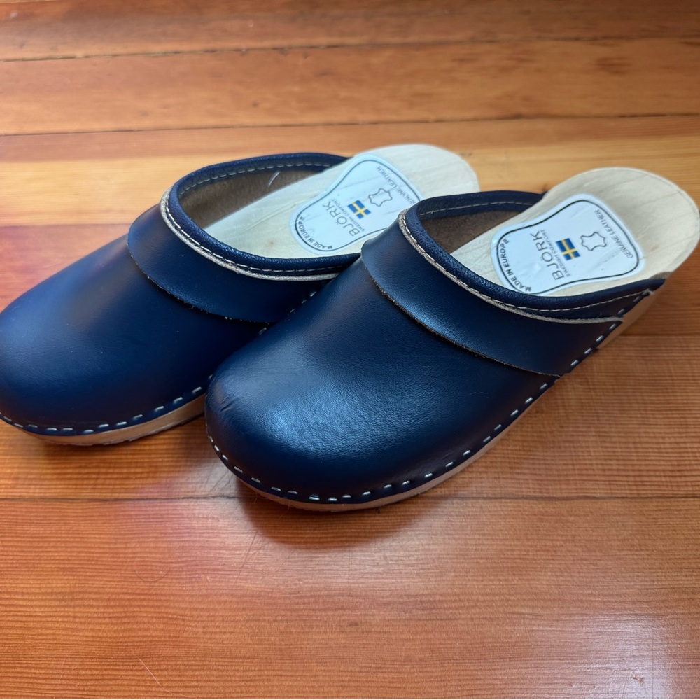 Wooden Blue Leather Clogs